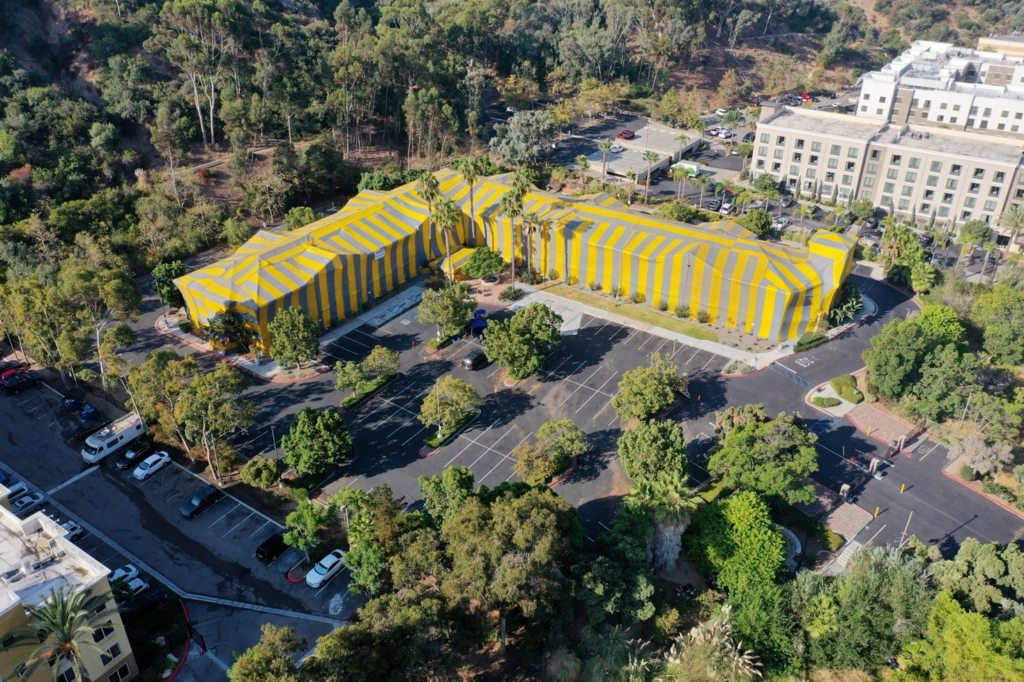 Commercial building in San Diego covered in termite tenting during a whole-structure fumigation