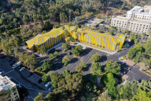 Commercial building in San Diego covered in termite tenting during a whole-structure fumigation