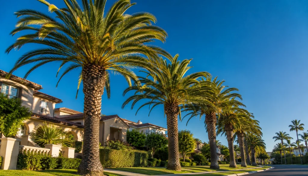 Canary Island date palms lining a Southern California street — palm weevil control in San Diego, Orange County, and Riverside County