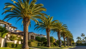 Canary Island date palms lining a Southern California street — palm weevil control in San Diego, Orange County, and Riverside County