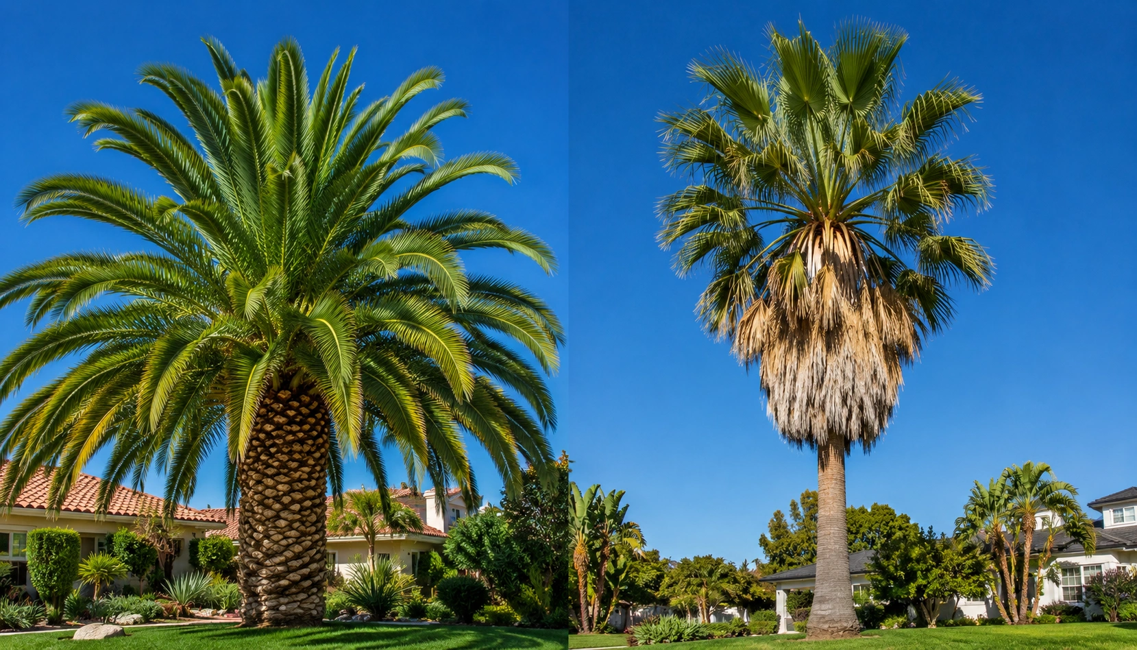 Healthy Canary Island date palm and Mexican fan palm in Southern California — high-risk species for South American palm weevil