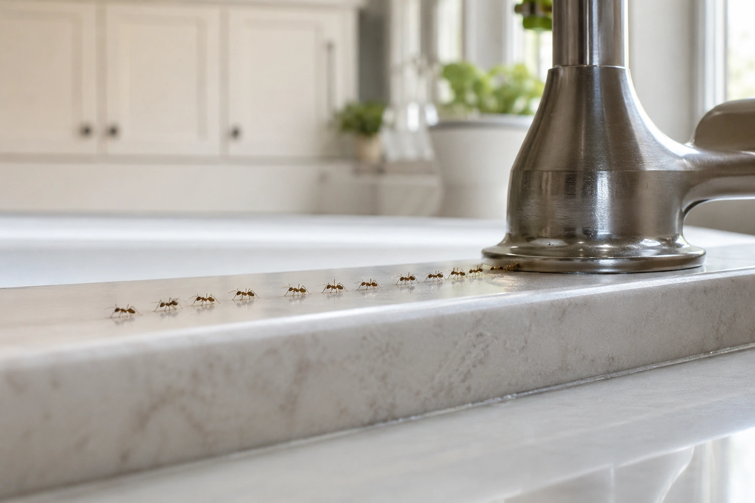 A trail of Argentine ants along a kitchen counter near a sink in a Southern California home in summer
