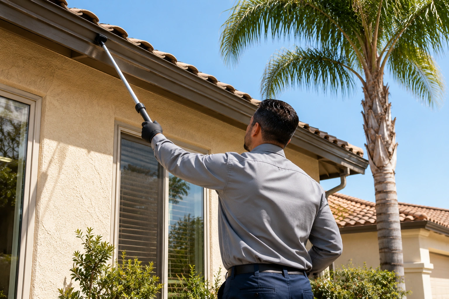 A pest control technician inspecting the exterior eaves and roofline of a Southern California home in summer