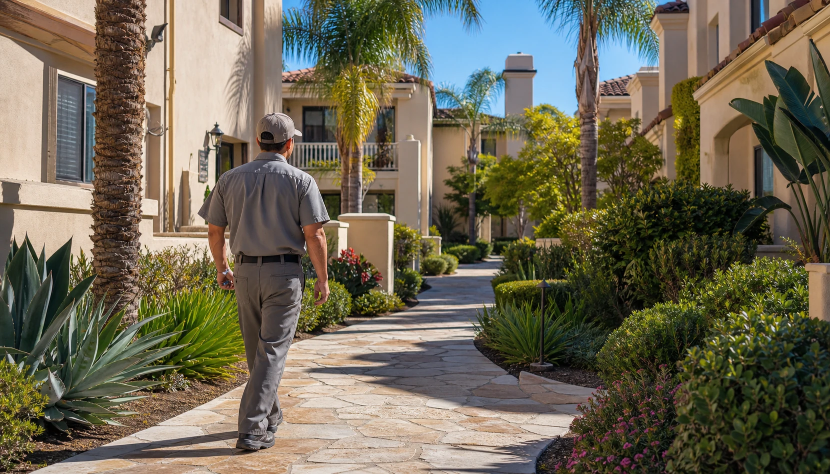 Pest control professional walking through the common area of a Southern California HOA community during a scheduled inspection
