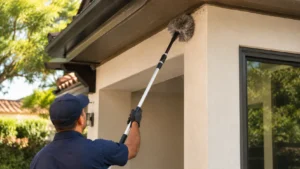 Technician sweeping cobwebs and egg sacs from the eaves of a home exterior
