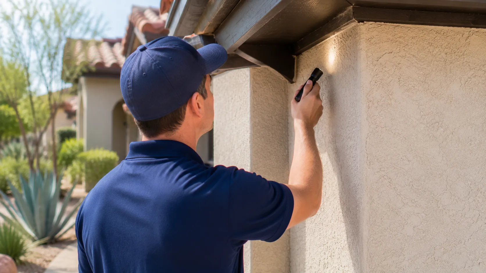 Pest control technician inspecting the eaves of a Southern California home for spiders
