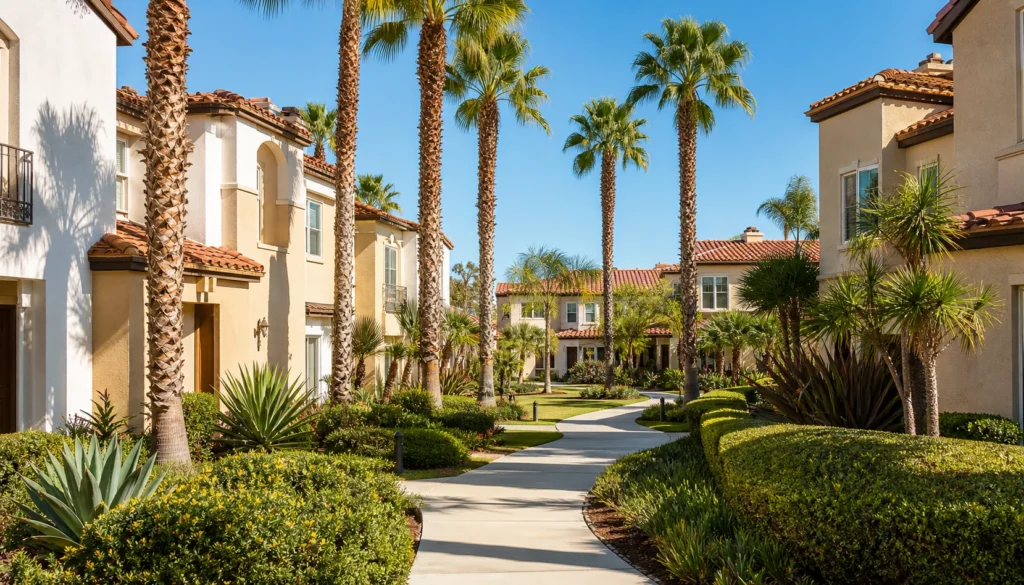 HOA community in Southern California with well-maintained landscaping and palm trees — commercial pest control for property managers.