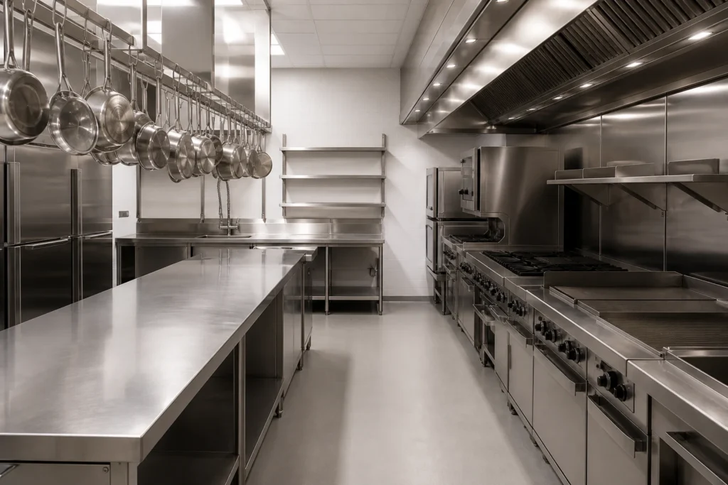 A clean, stainless-steel commercial restaurant kitchen in Southern California — restaurant and commercial kitchen pest control.