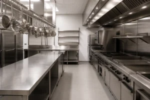 A clean, stainless-steel commercial restaurant kitchen in Southern California — restaurant and commercial kitchen pest control.