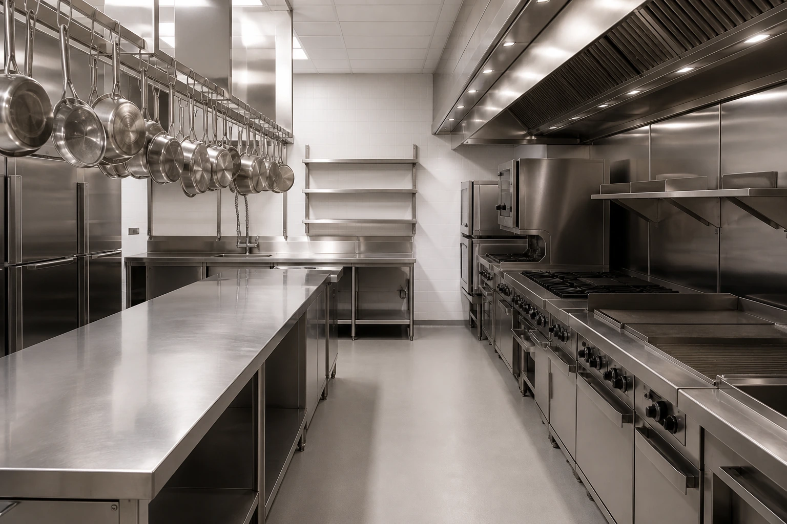 A clean, stainless-steel commercial restaurant kitchen in Southern California — restaurant and commercial kitchen pest control.