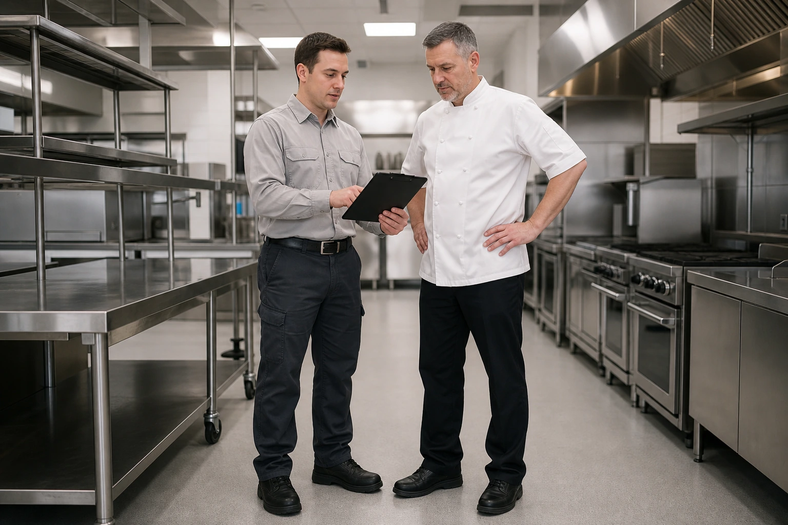 A pest control technician reviewing a service logbook with a restaurant manager in a commercial kitchen