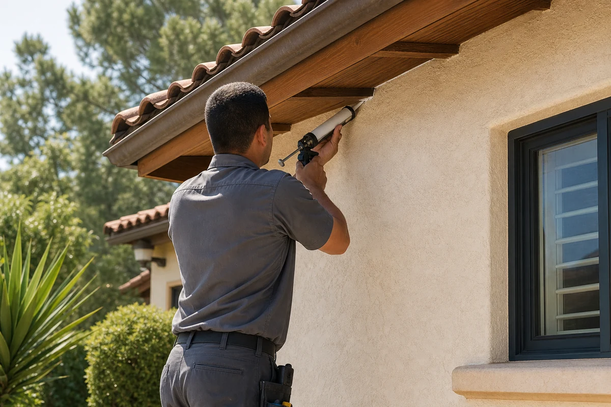 A pest control technician sealing a gap along the roofline of a Southern California home in late summer
