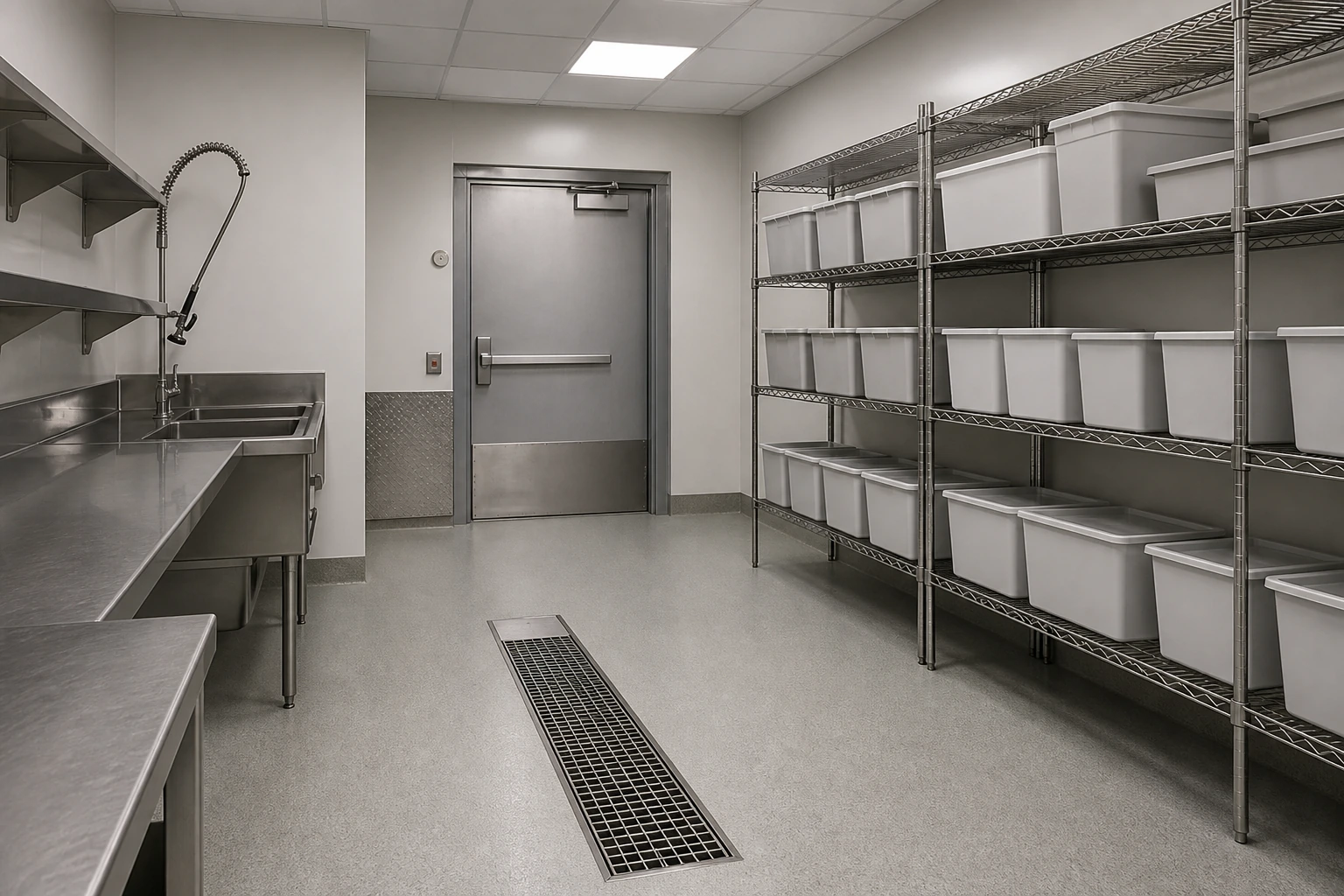 A restaurant back-of-house area with a floor drain and dry-storage shelving where kitchen pests hide