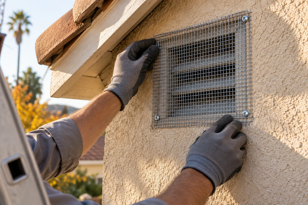 A pest control technician screening an attic vent with hardware cloth on a Southern California home in fall