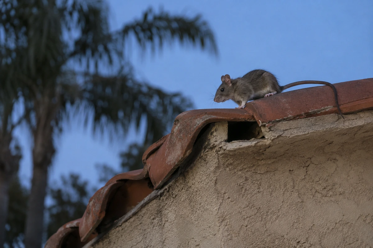 A roof rat on the edge of a tile roofline beside an open attic vent on a Southern California home at dusk