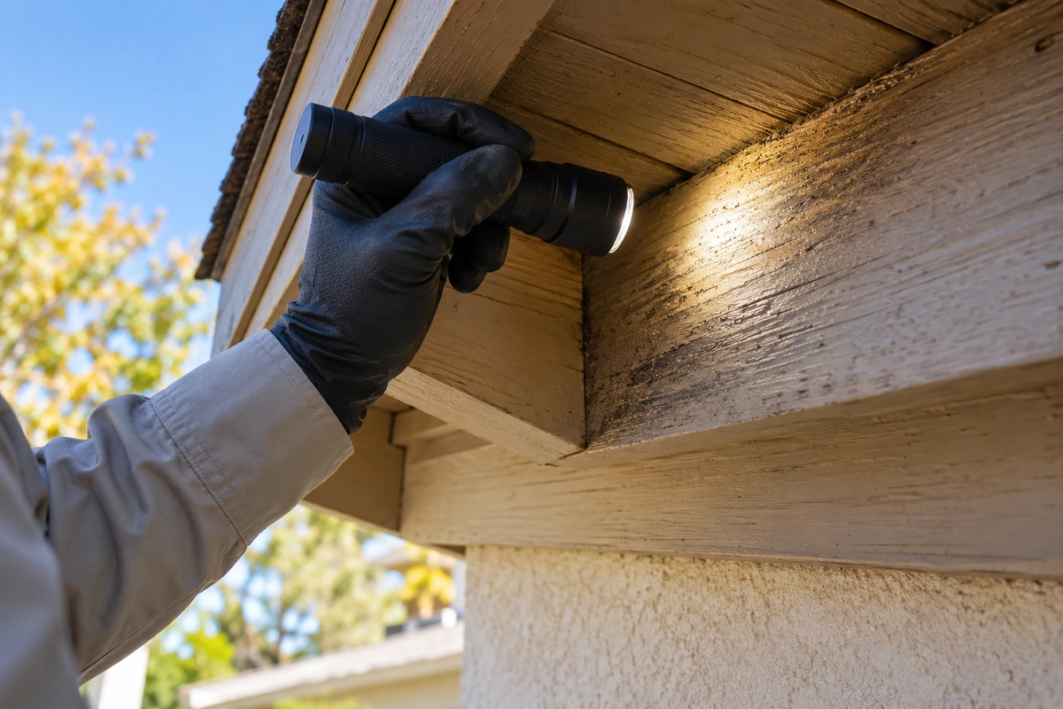 A licensed technician inspecting exposed eave and fascia wood with a flashlight on a Southern California building