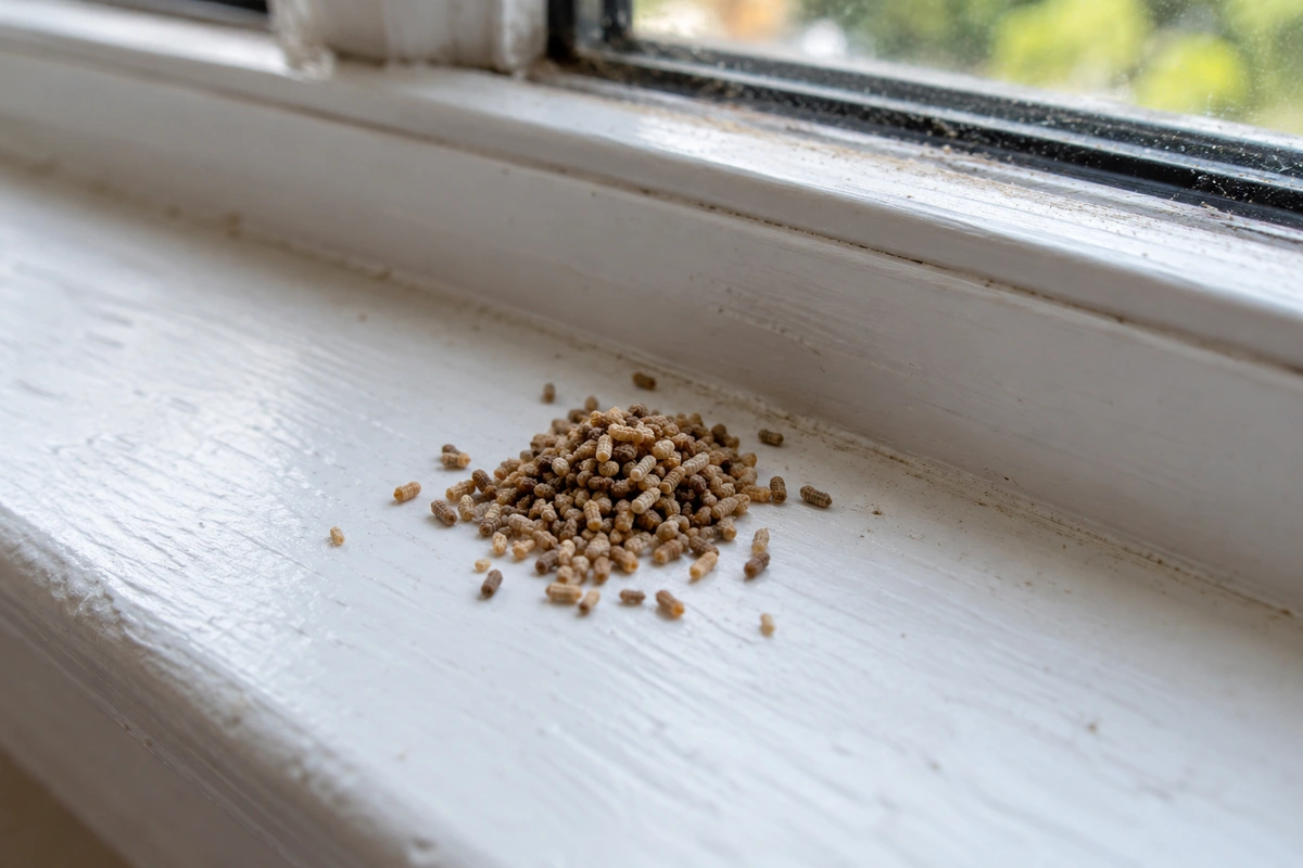 A small pile of drywood termite fecal pellets on a white window sill inside a Southern California home