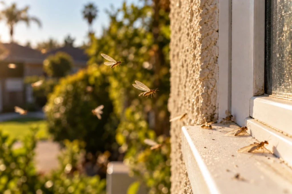 Winged drywood termite swarmers around a sunlit window sill on a Southern California home in fall