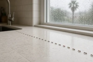 A trail of small brown Argentine ants crossing a kitchen counter in a Southern California home after a fall rain