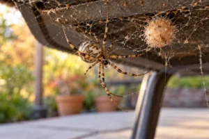 Mottled tan brown widow spider with banded legs under outdoor patio furniture next to its spiky egg sac in San Diego