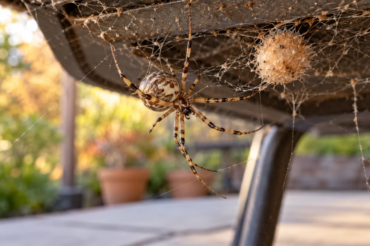 Mottled tan brown widow spider with banded legs under outdoor patio furniture next to its spiky egg sac in San Diego