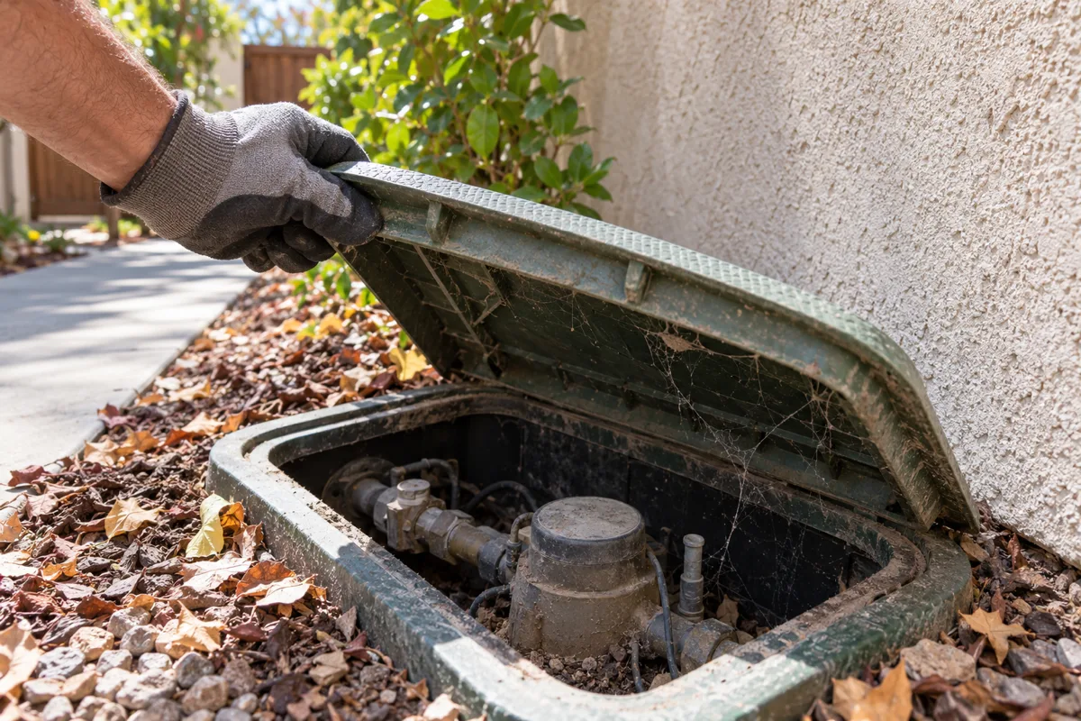 A gloved hand lifting the lid of a residential water meter box to check for spider webs in San Diego