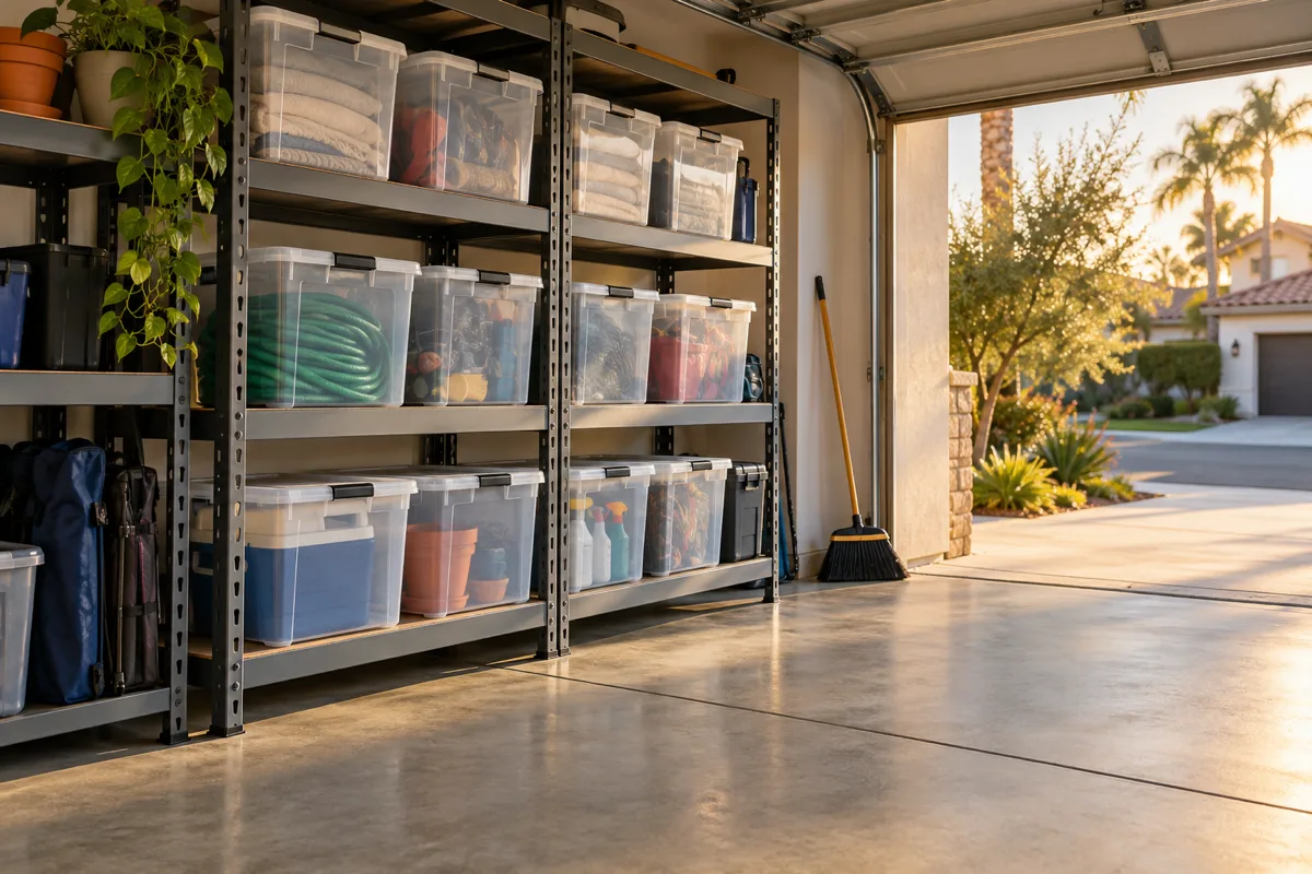 Garage storage organized in sealed clear plastic bins on metal shelving, raised off the floor in a Southern California home